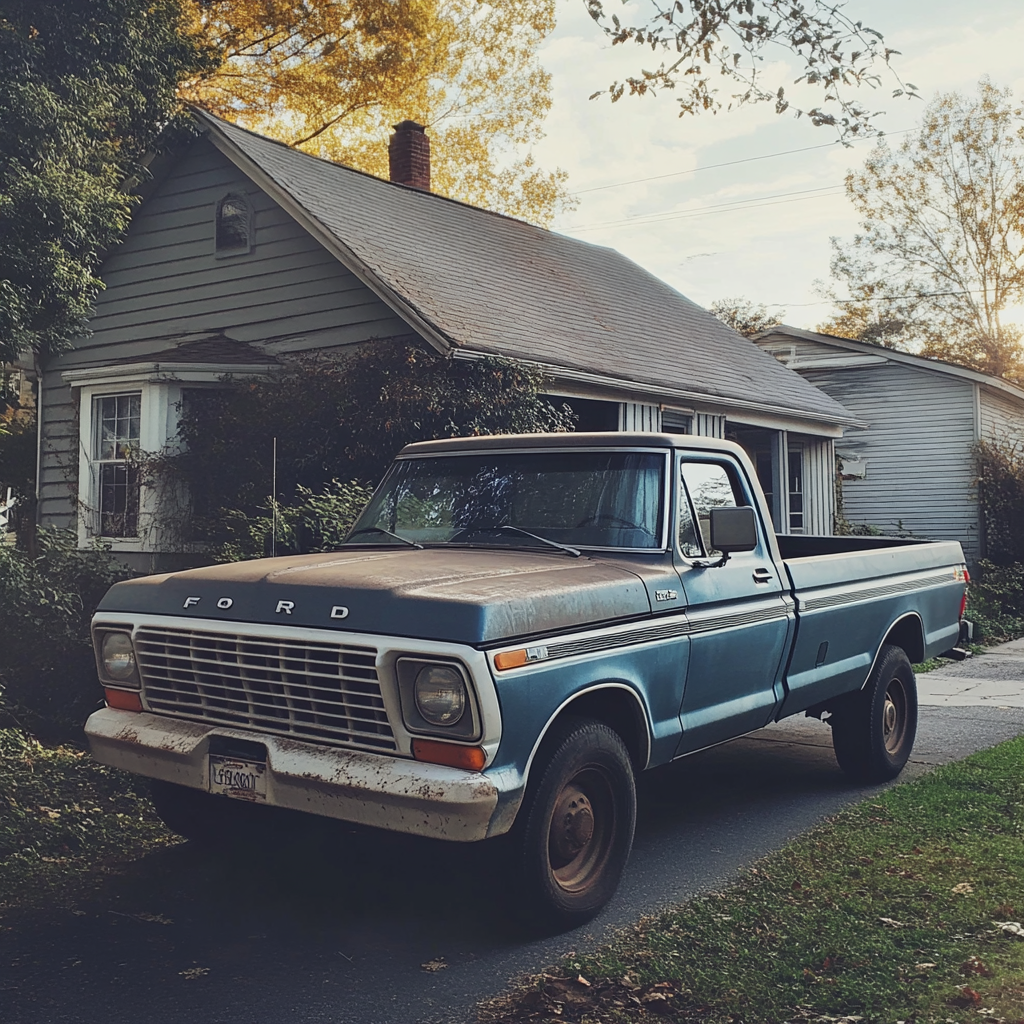 An old Ford F-250 standing outside a house | Source: Midjourney