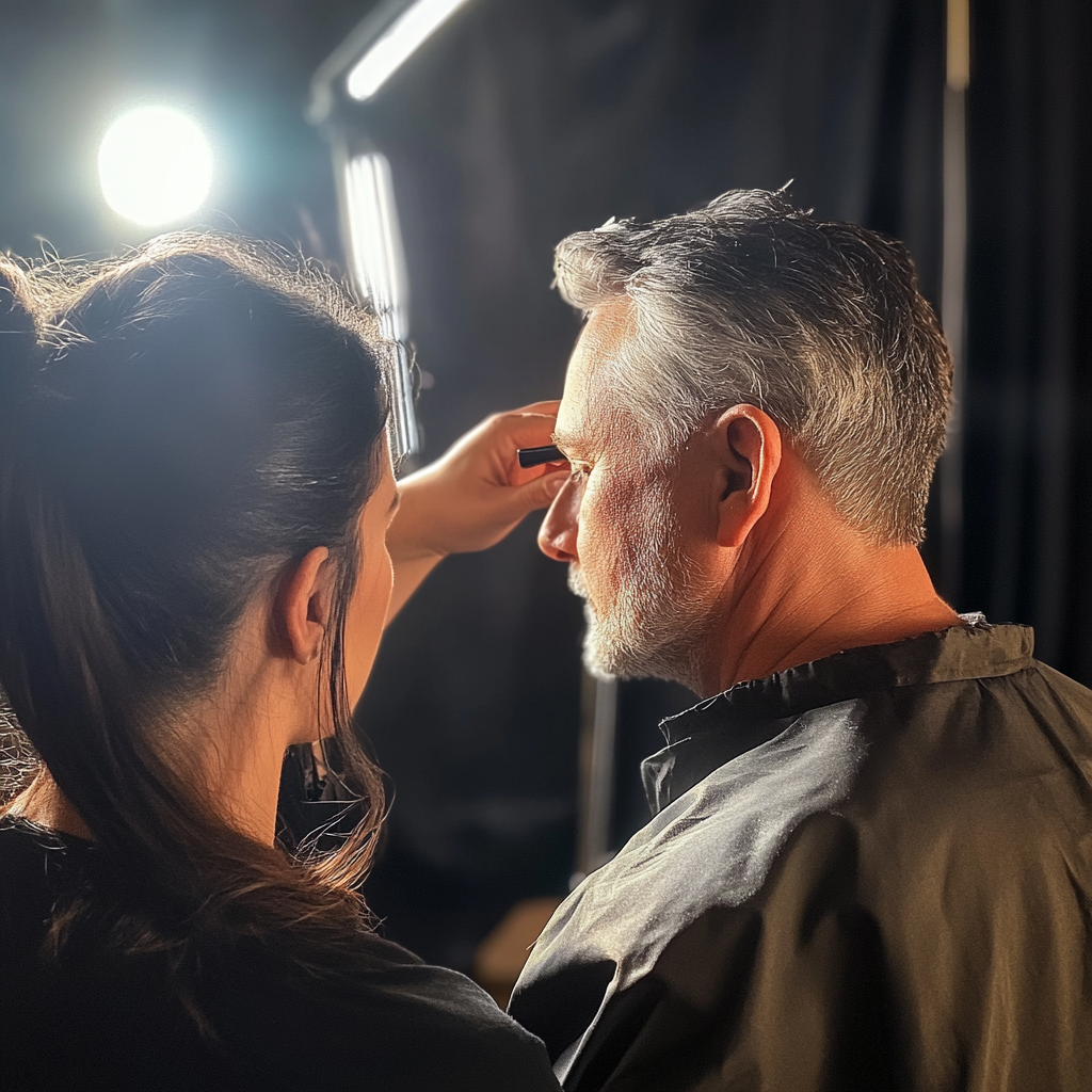 A makeup artist attending to an elderly man on set | Source: Midjourney