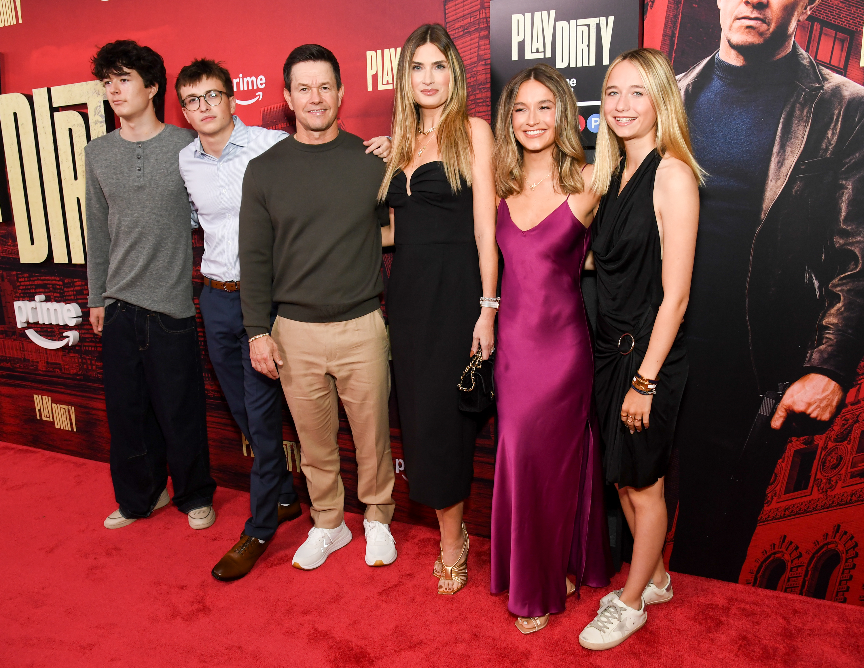 Brendan Joseph, Michael, Mark, Rhea Durham, Ella Rae and Grace Margaret Wahlberg attend Amazon's "Play Dirty" premiere in New York City | Source: Getty Images