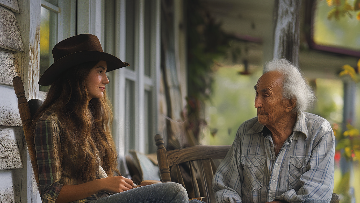 A young woman chatting with an old man on his porch | Source: Midjourney