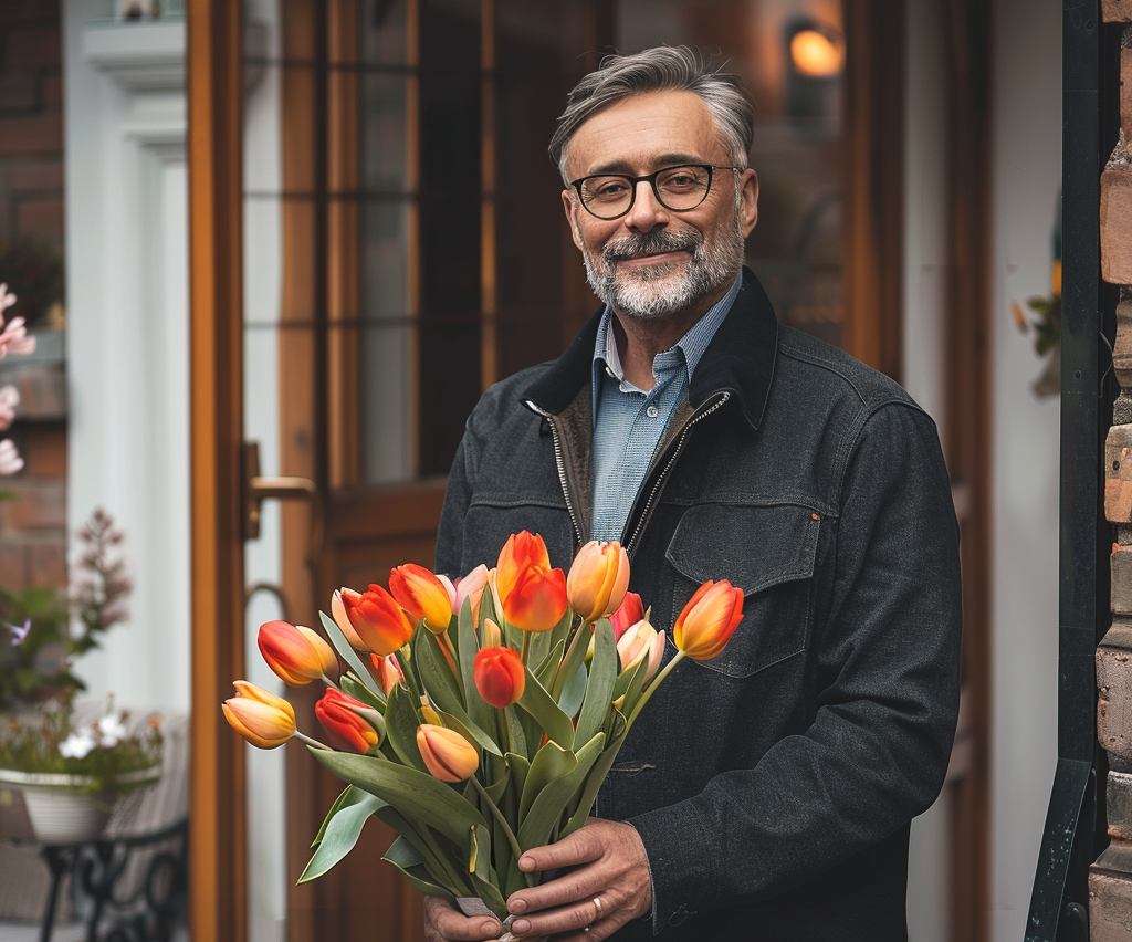 A man holding a bouquet of tulips | Source: Midjourney