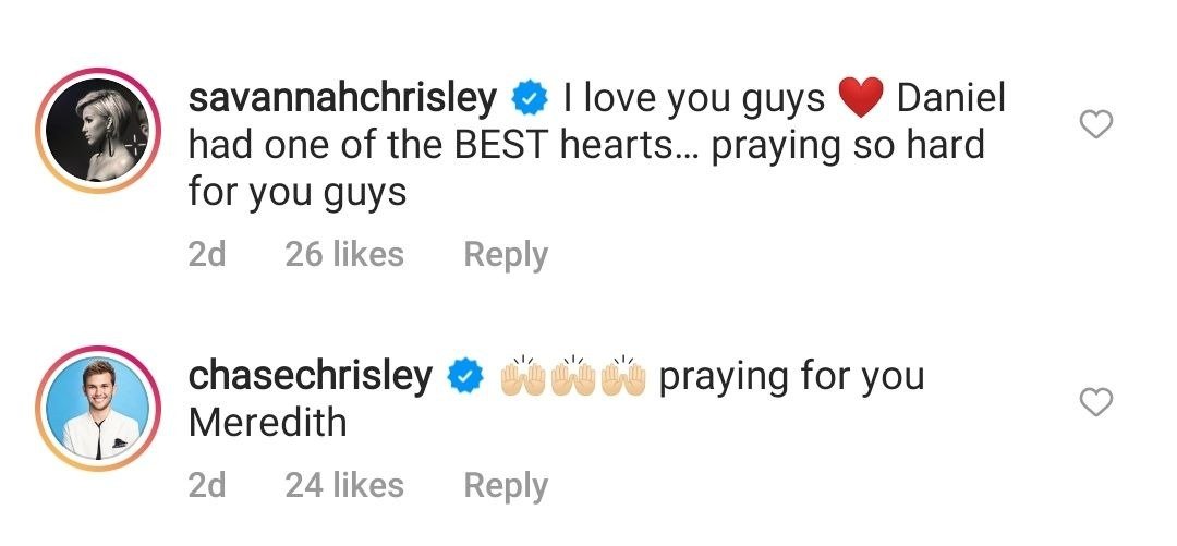 Savannah and Chase Chrisley's comment on Daniel Mickelson's death | Photo: Instagram/meredithmickelson