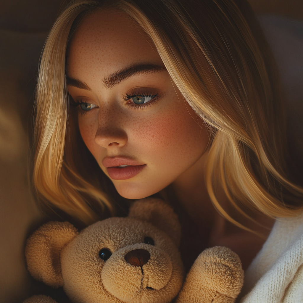 A sad woman holding a teddy bear | Source: Midjourney