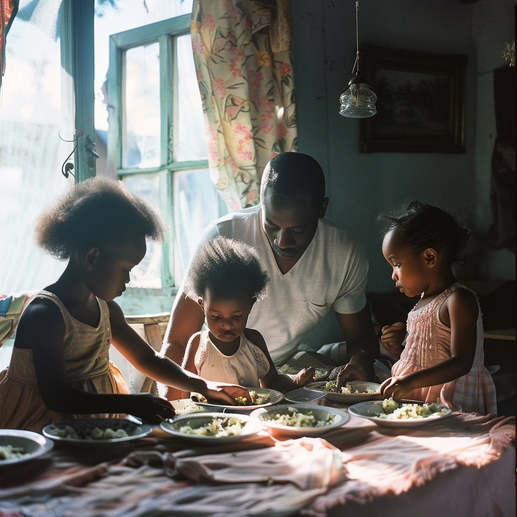 A father and his daughters sitting with plates with food | Source: Midjourney