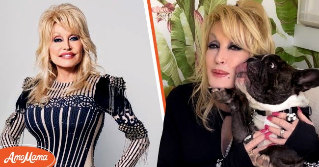 Portrait photo of American singer Dolly Parton. [Left] | Dolly Parton in a photo with her dog. [Right] | Photo: Instagram.com/dollyparton  Getty Images