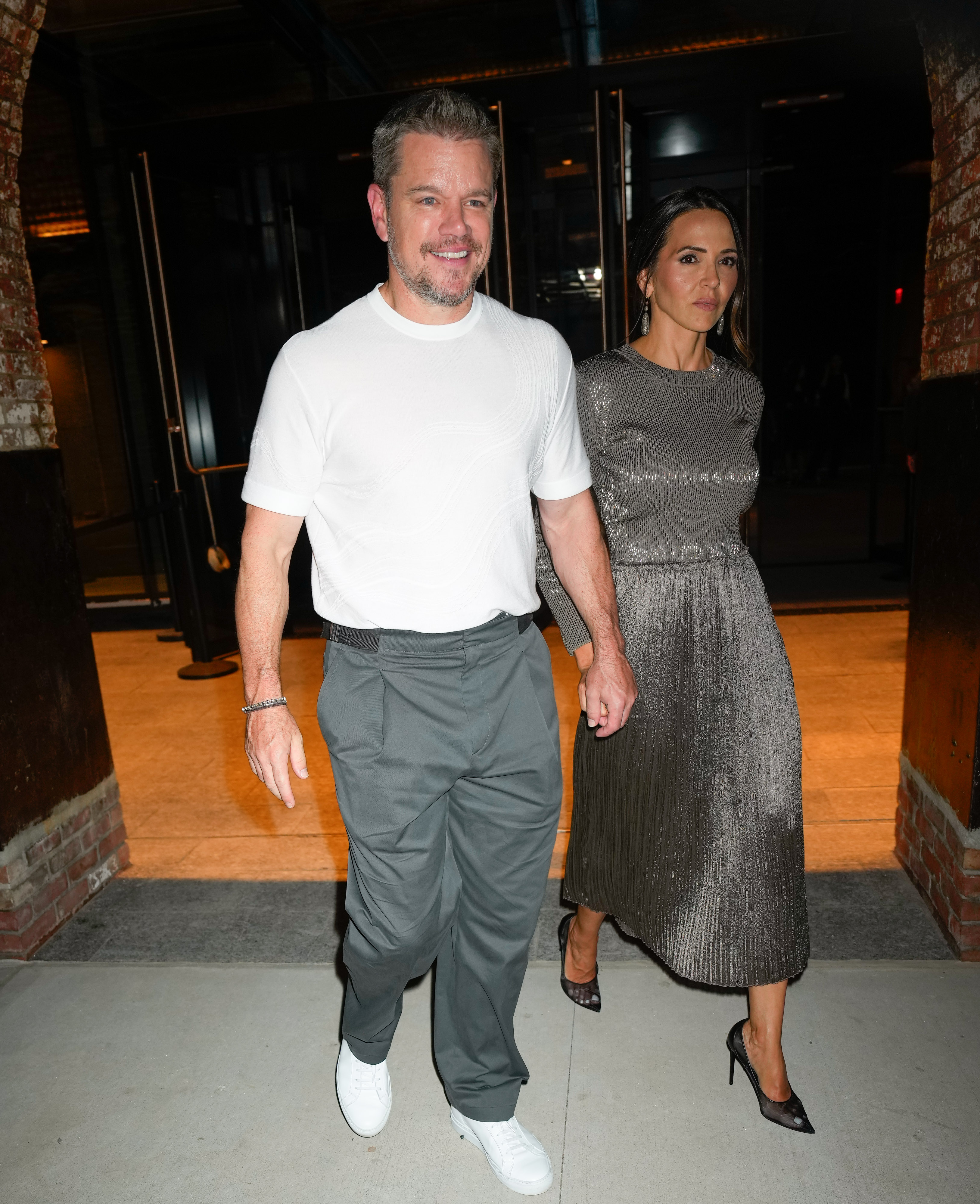 Matt Damon and Luciana Barroso pictured coming out of the Hermes fashion show on September 14, 2023 in New York City | Source: Getty Images