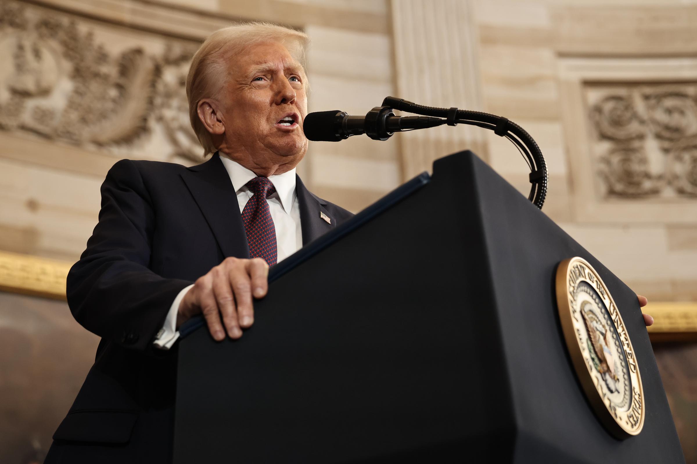 U.S. President Donald Trump speaks during inauguration ceremonies in the Rotunda of the U.S. Capitol on January 20, 2025, in Washington, DC. | Source: Getty Images