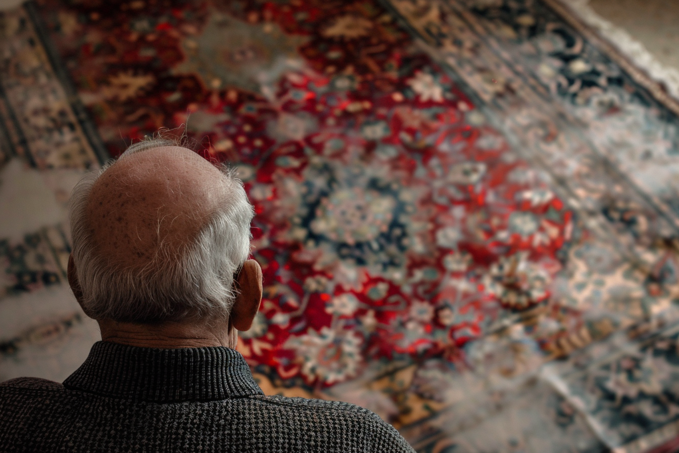 A older man looking at a stained carpet | Source: Midjourney
