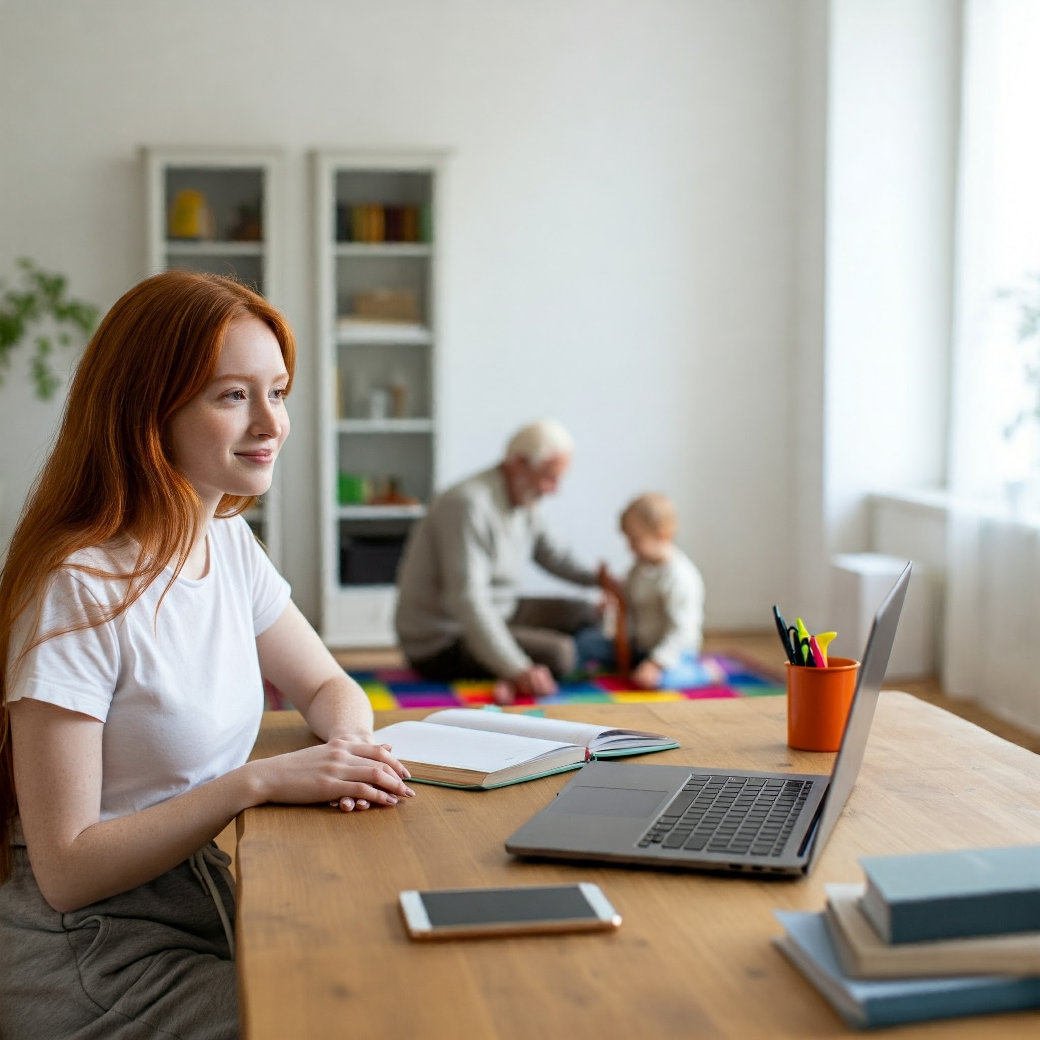 A woman using the computer with a grandfather and baby blurred in the background | Source: Gemini