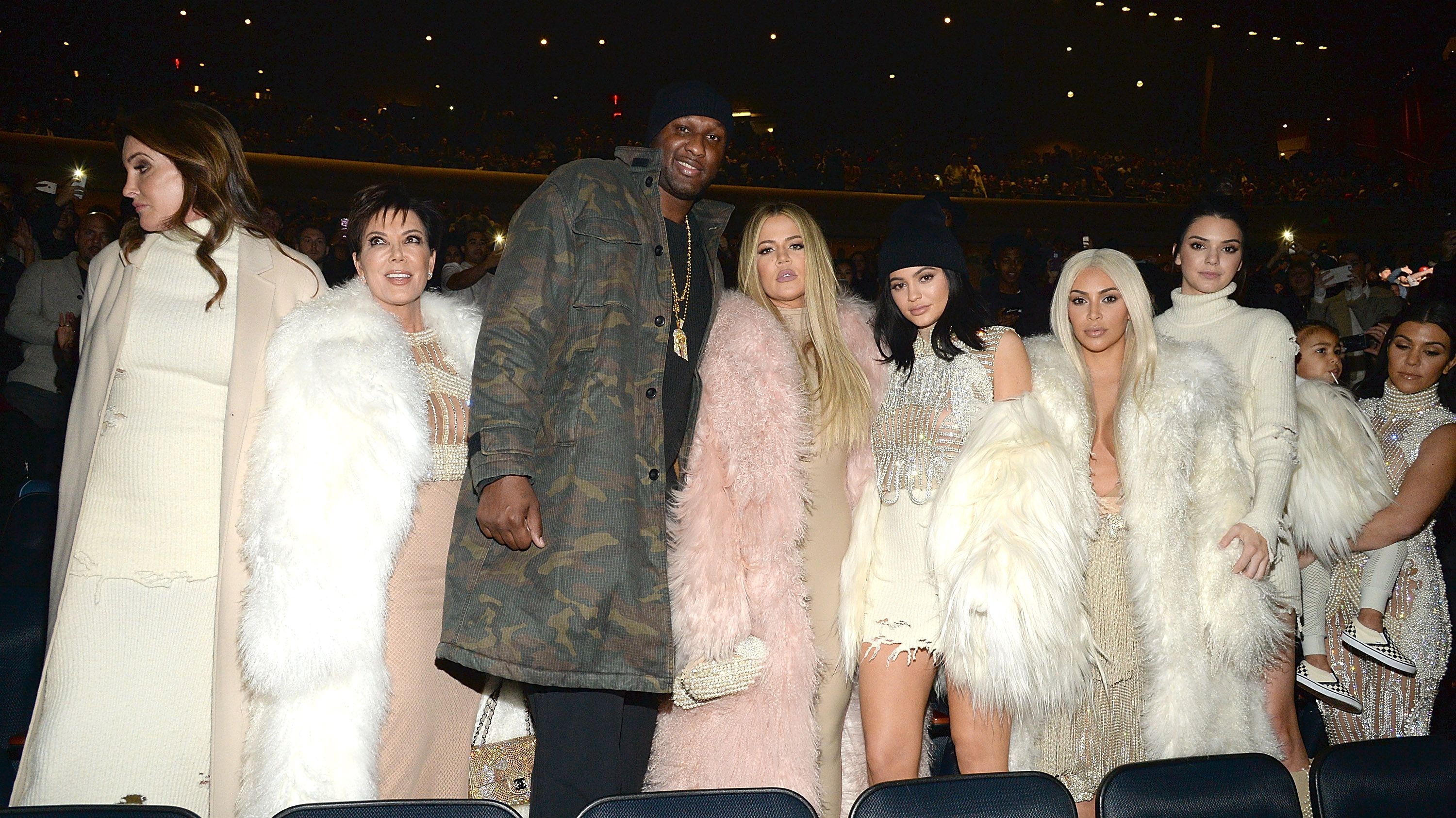 Lamar Odom and ex-wife Khloe and the Kardashian family at Kanye West Yeezy Season 3 at Madison Square Garden in 2016/ Source: Getty Images