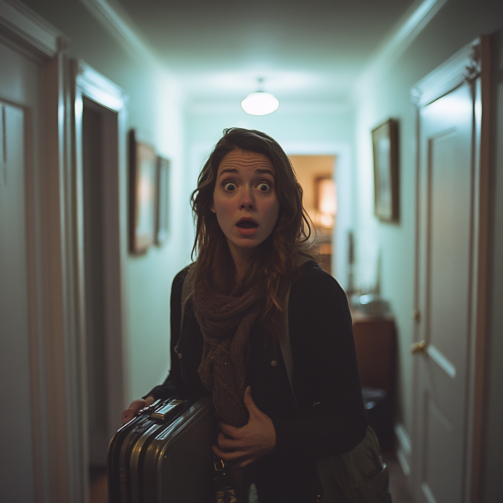 A shocked woman holding luggage | Source: Midjourney