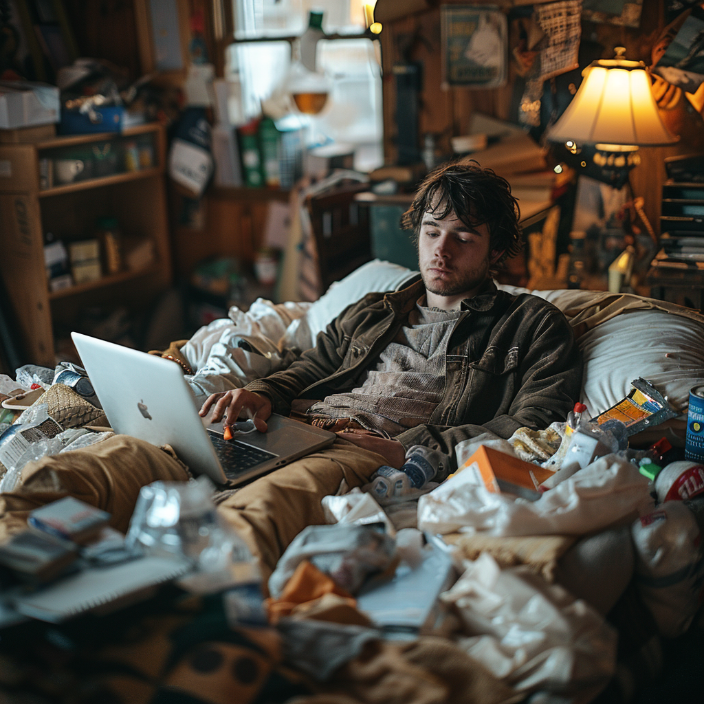 A man working on his laptop in his bed | Source: Midjourney