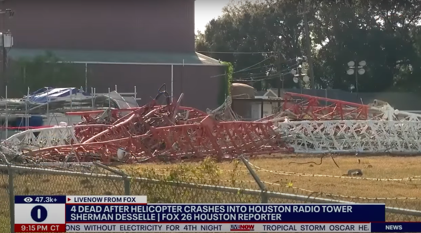 The radio tower after it collapsed following the helicopter crash, posted on October 22, 2024 | Source: YouTube/LiveNOW from FOX