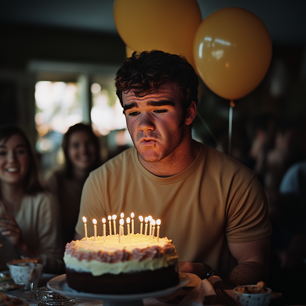 An unhappy man blowing out candles | Source: Midjourney