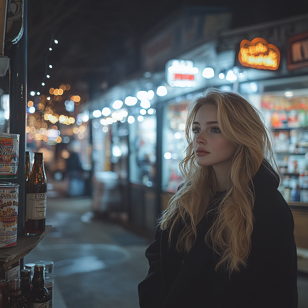 A woman standing near a liquor store | Source: Midjourney