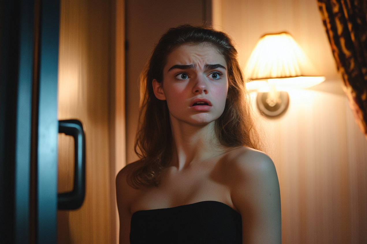 A woman at her hotel room door | Source: Midjourney