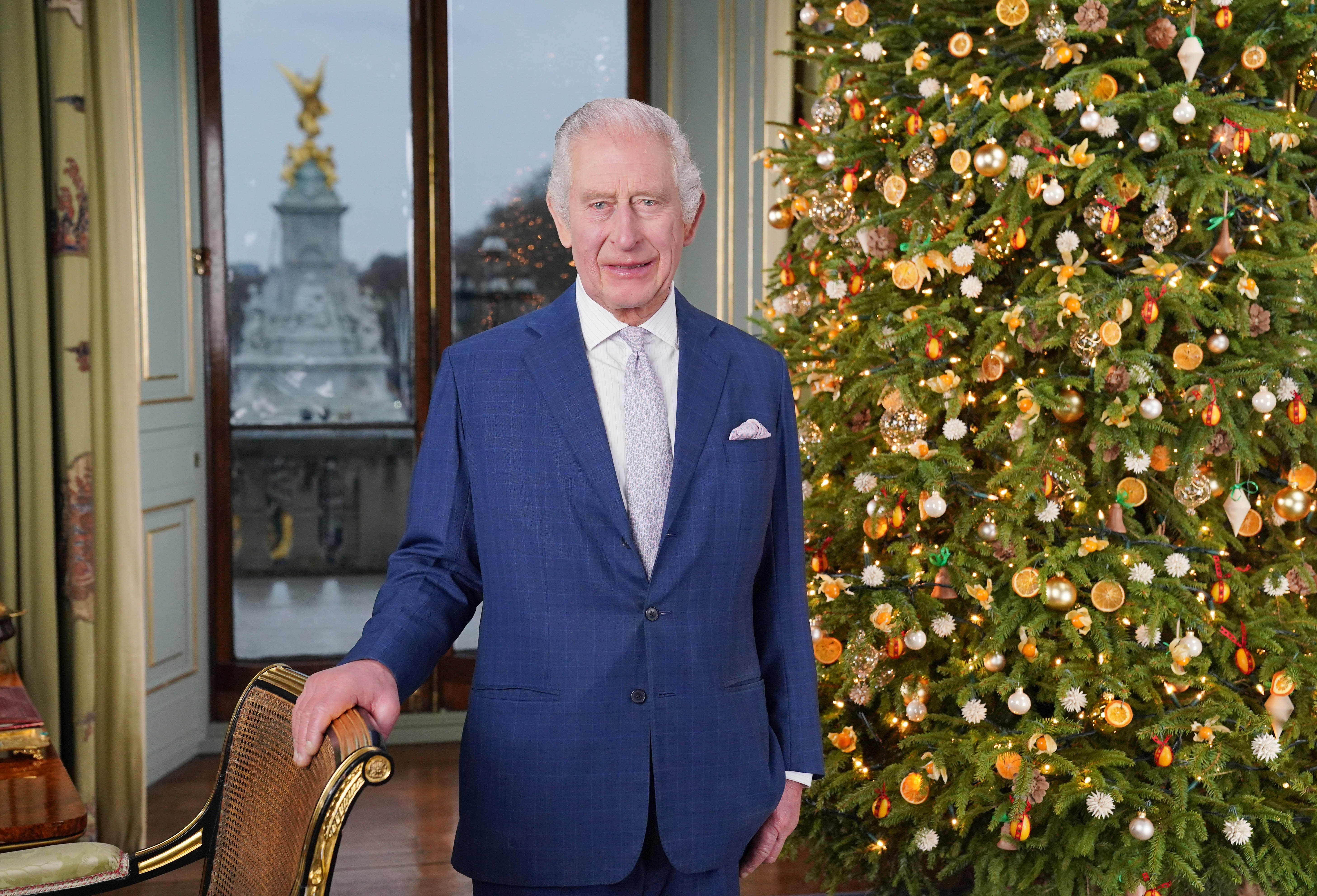 King Charles III poses during the recording of his Christmas message at Buckingham Palace on December 7, 2023 in London, England | Source: Getty Images
