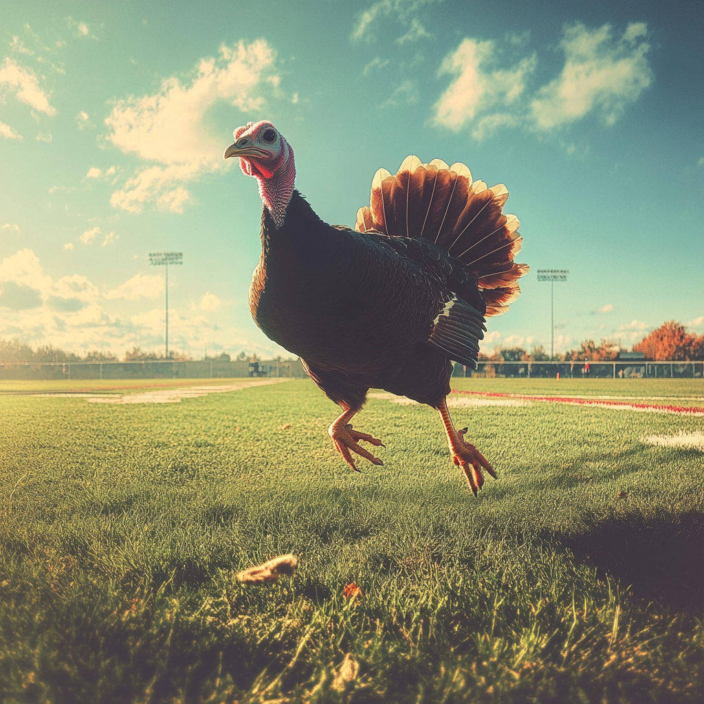 A turkey on a football field | Source: Midjourney