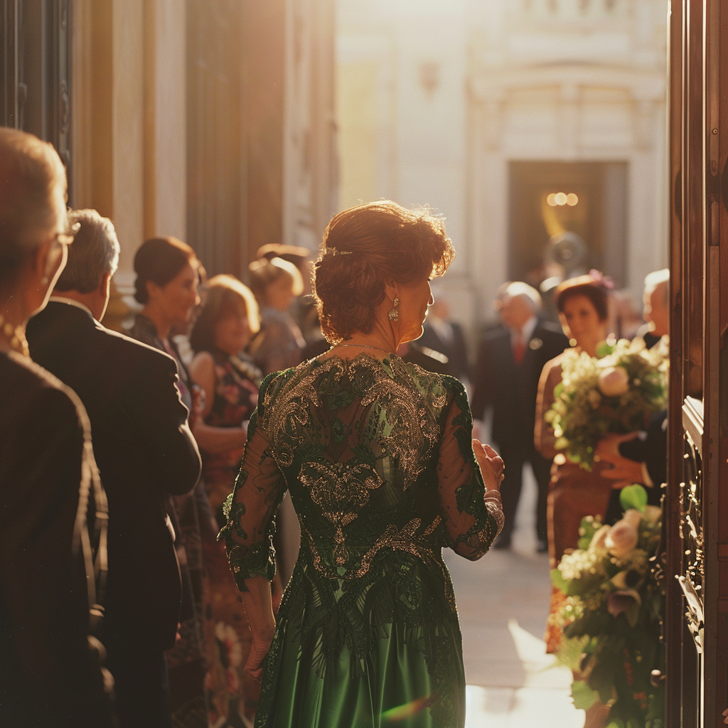 A woman dressed in a green gown entering a wedding venue | Source: Midjourney