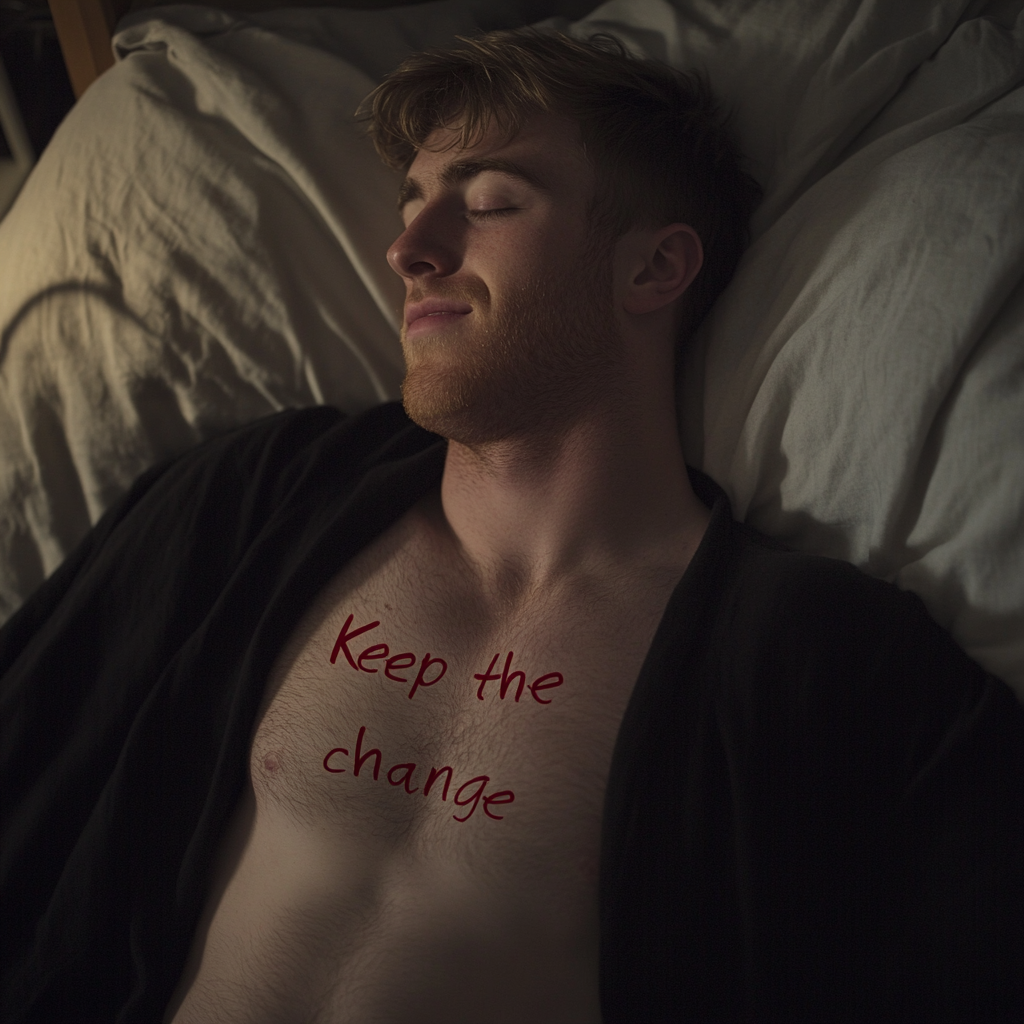 The words "Keep the change" written on a man's chest | Source: Midjourney