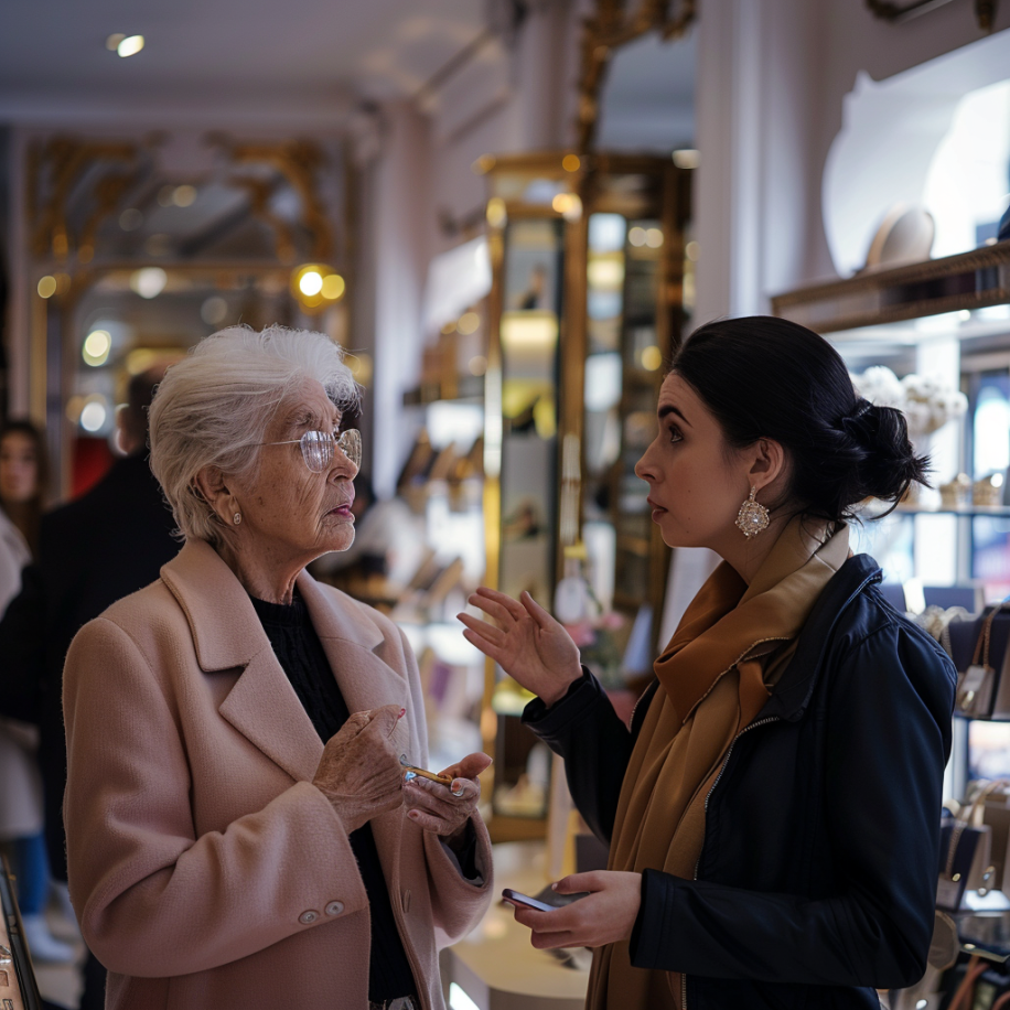 An elderly lady talking to a shop assistant in a boutique | Source: Midjourney