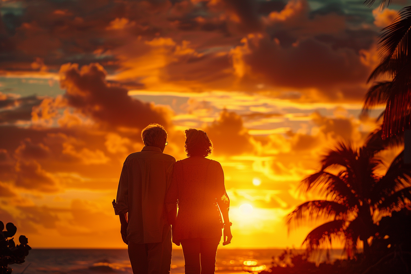 Silhouette of older couple watching the sunset | Source: Midjourney