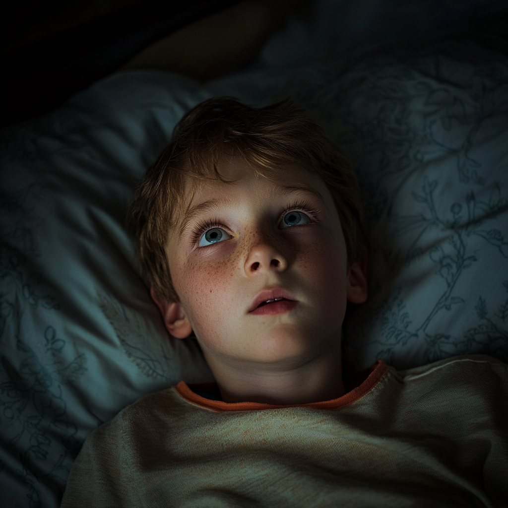 A young boy lying in bed at night | Source: Midjourney