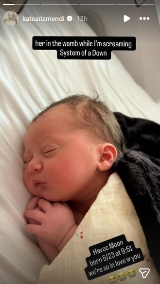Kate Arizmendi shared the first photo of daughter Havoc Moon after announcing the newborn's arrival in a story dated May 24, 2026. | Source: Instagram/katearizmendi