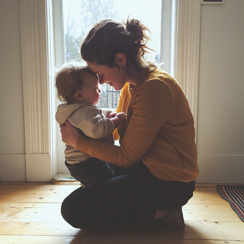 A woman kneeling down to hold a child | Source: Midjourney