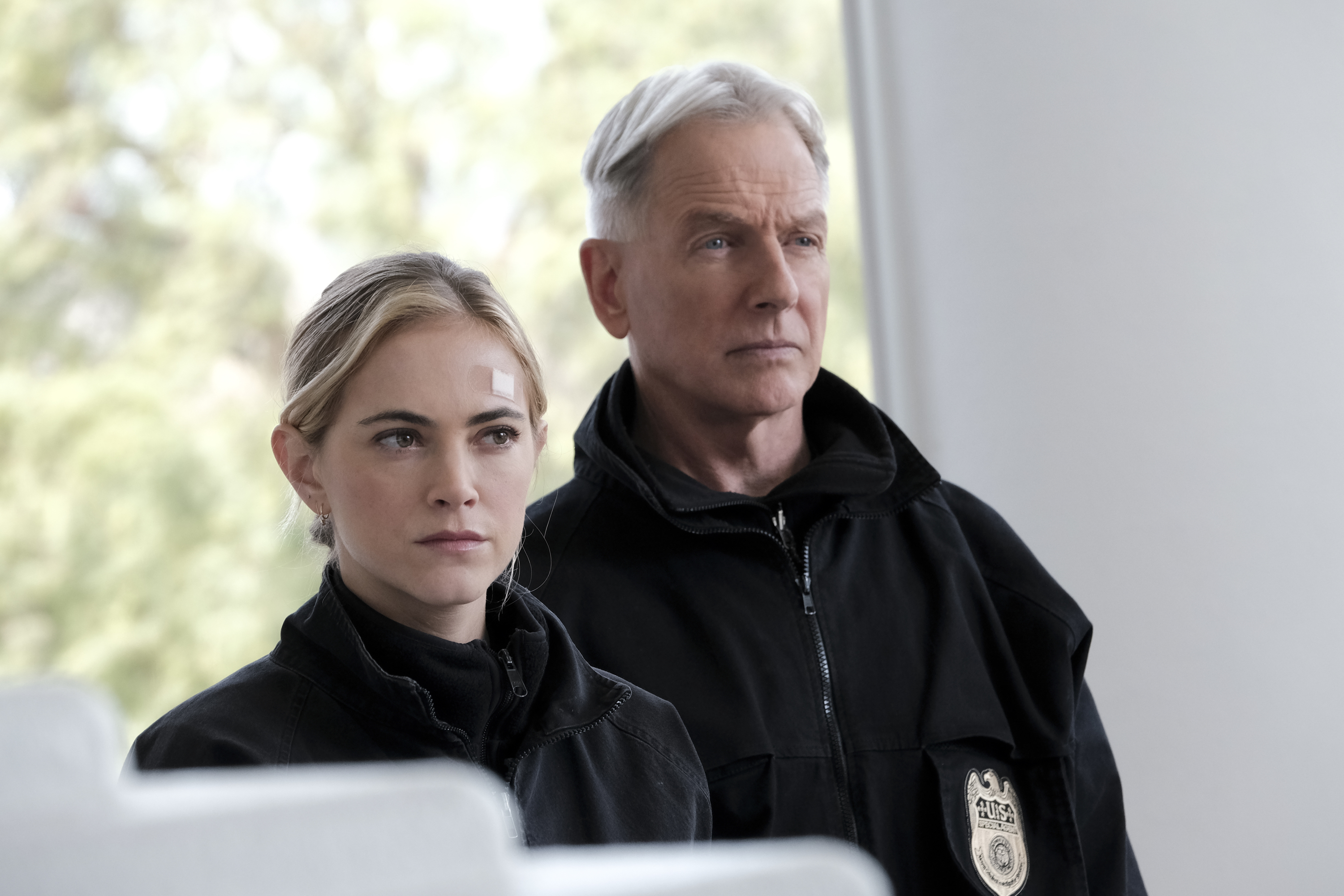 Emily Wickersham and Mark Harmon on an episode of "NCIS" on December 17, 2019 | Source: Getty Images