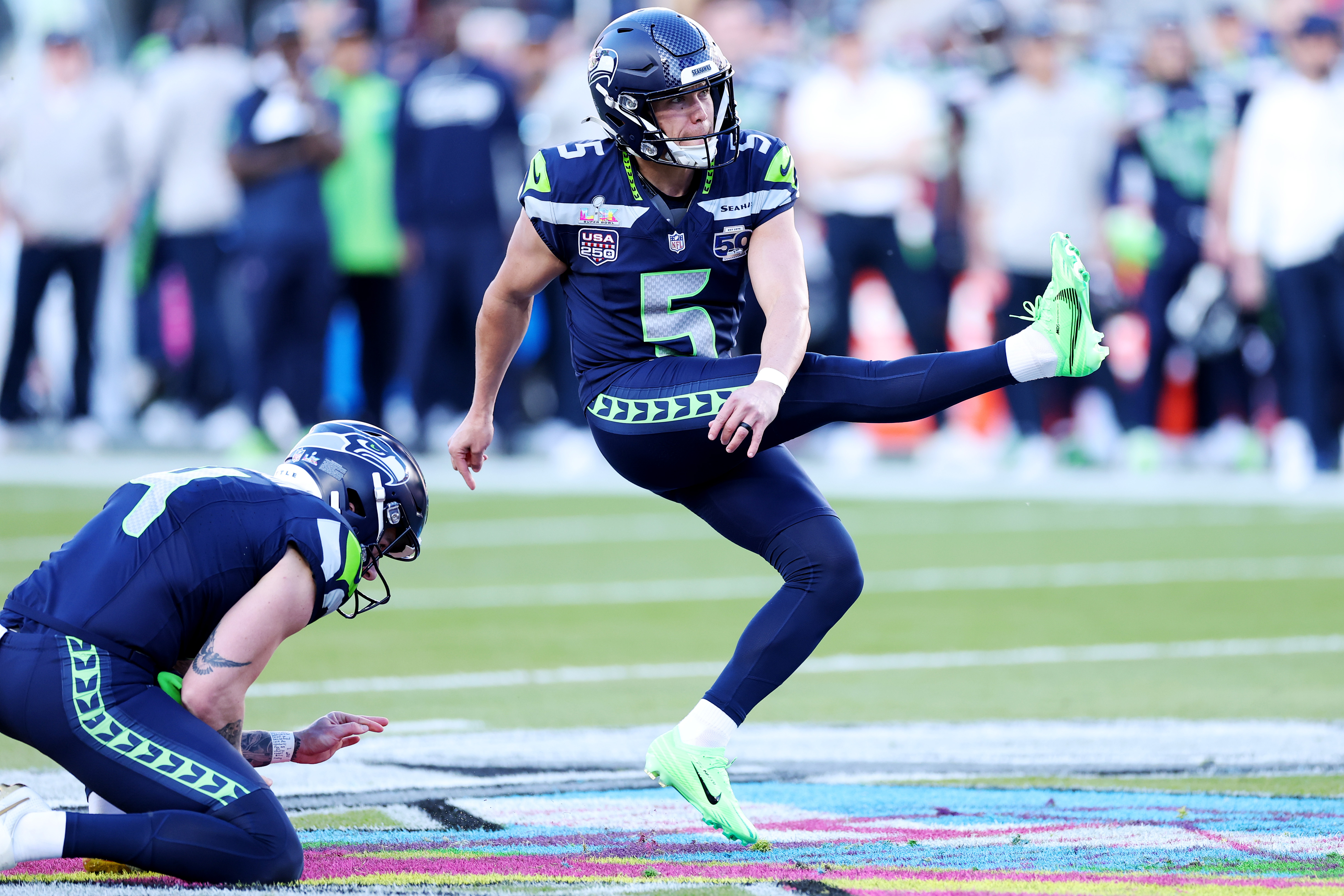 Seattle Seahawks kicker Jason Myers attempts a field goal against the New England Patriots during Super Bowl LX on February 8, 2026 | Source: Getty Images