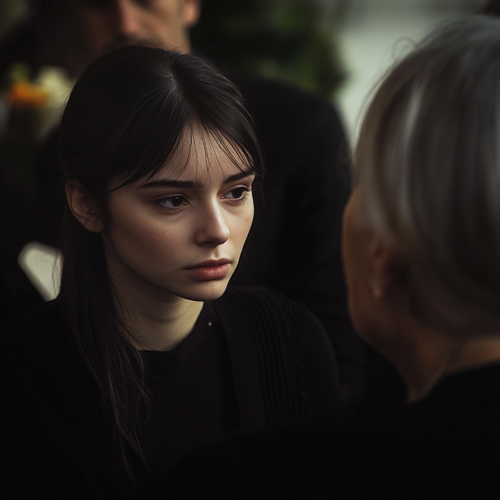 A woman talking to her mother-in-law at a funeral | Source: Midjourney