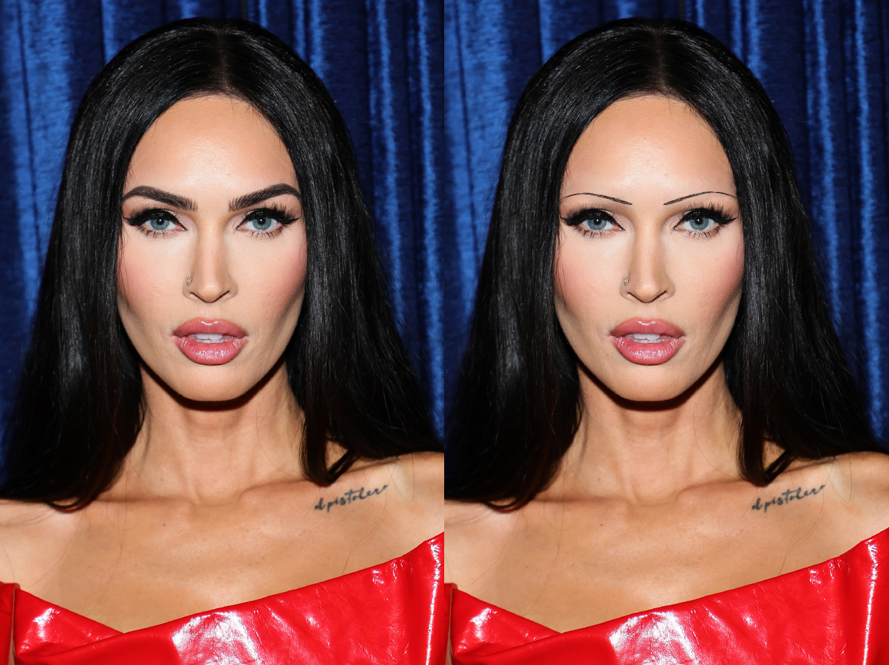 Megan Fox signature brows from 2022 vs digitally edited thin-brow look | Source: Getty Images