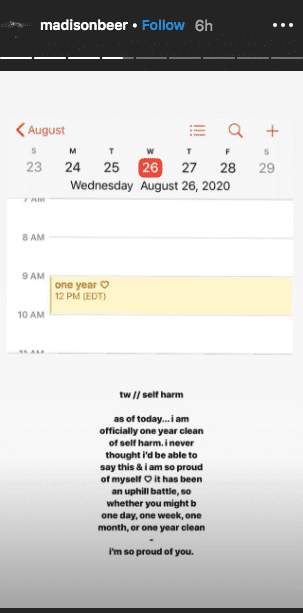 Madison Beer posted on Instagram Story her proud achievement of being clean from self-harm for a year. | Photo: instagram.com/madisonbeer