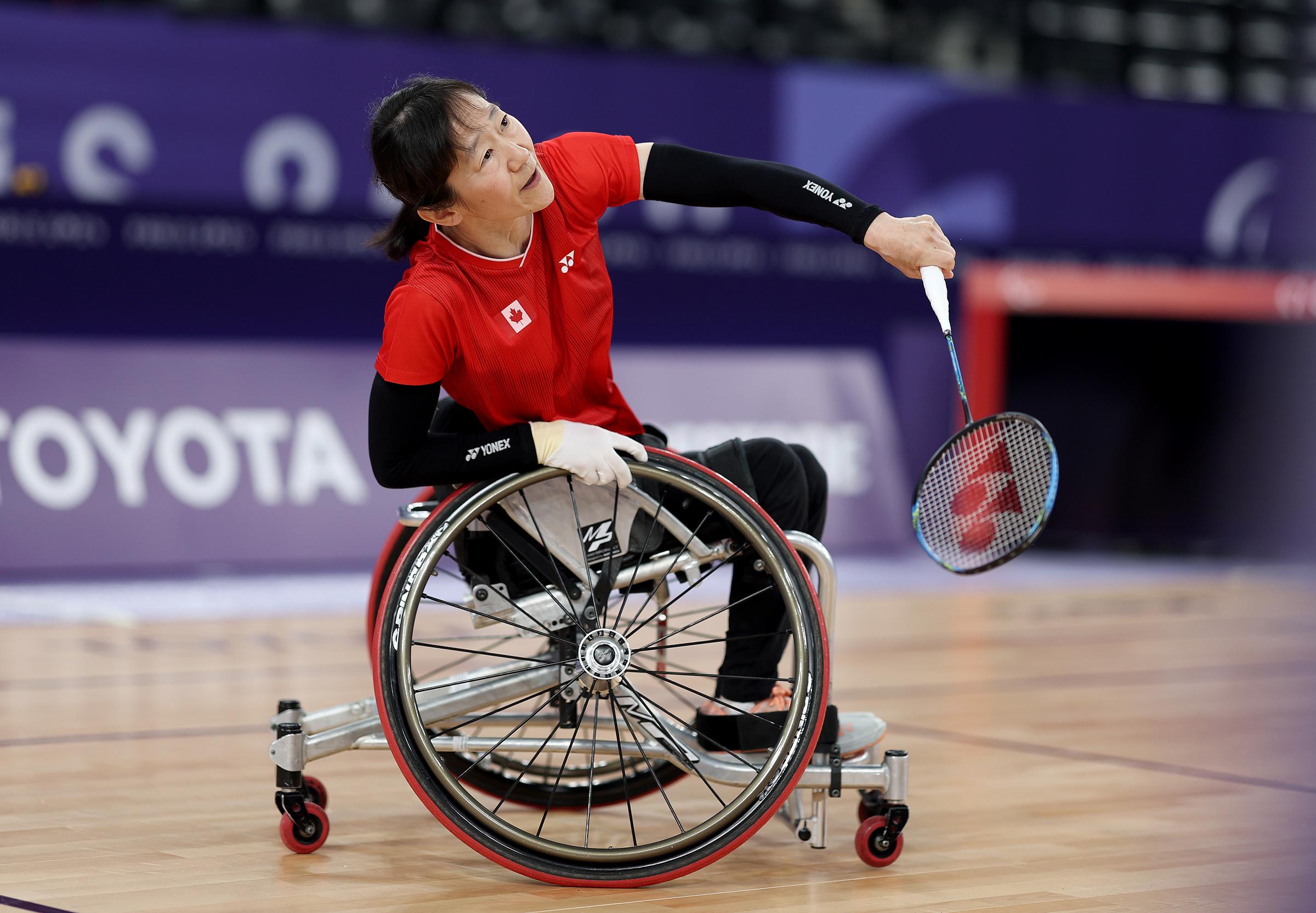 Yuka Chokyu of Canada returns a shot during a WH1 Para Badminton training session on August 26, 2024 | Source: Getty Images