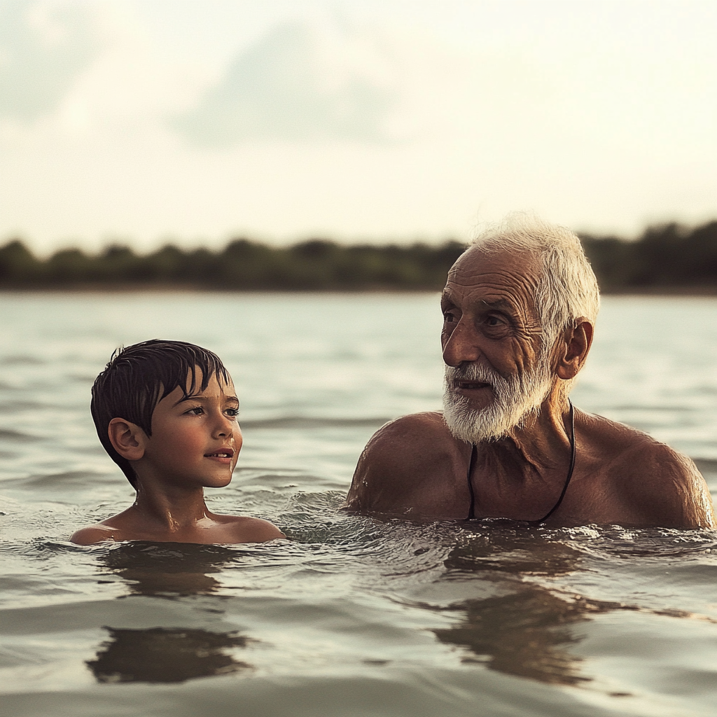 An old man and a young boy swimming | Source: Midjourney