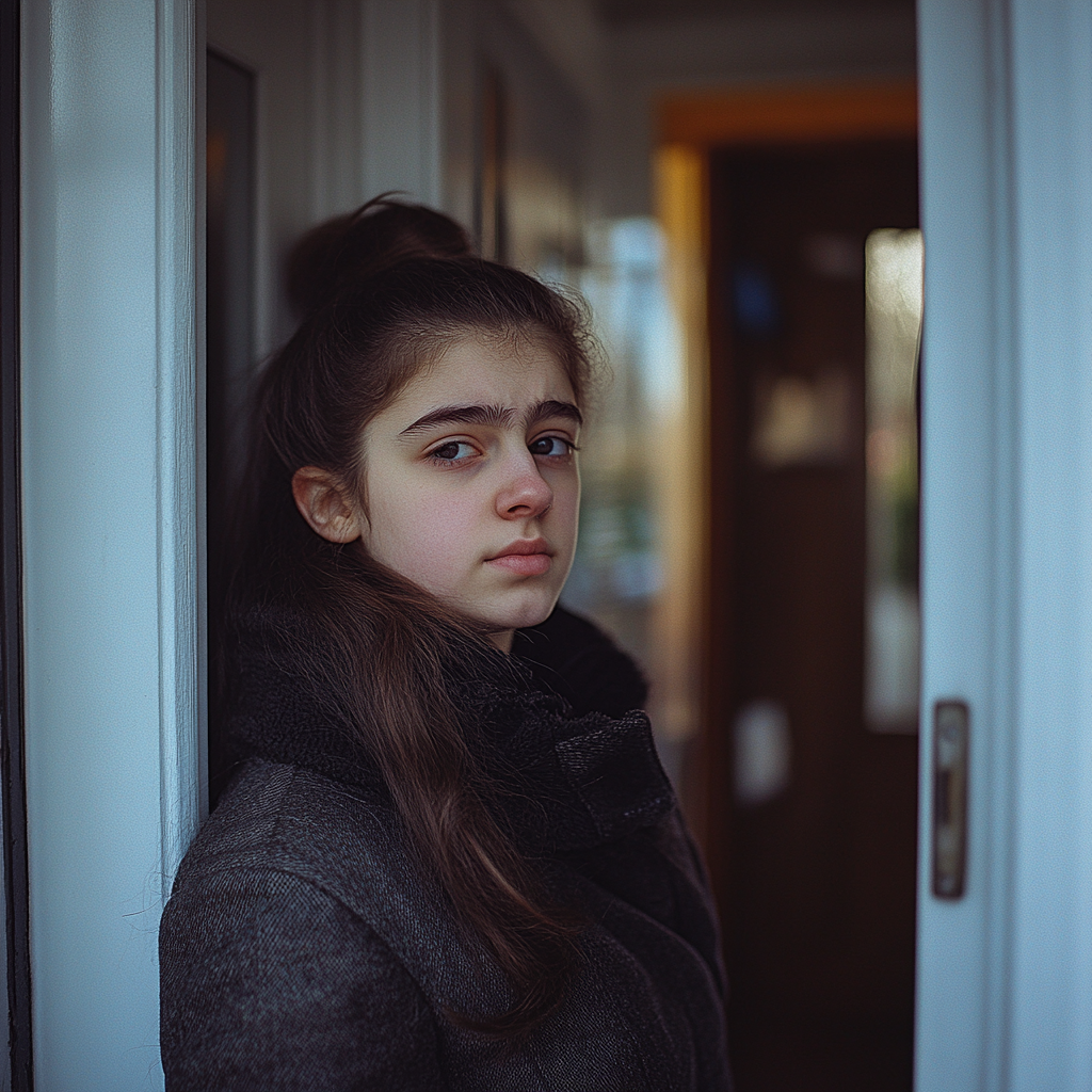 A woman standing by her front door | Source: Midjourney