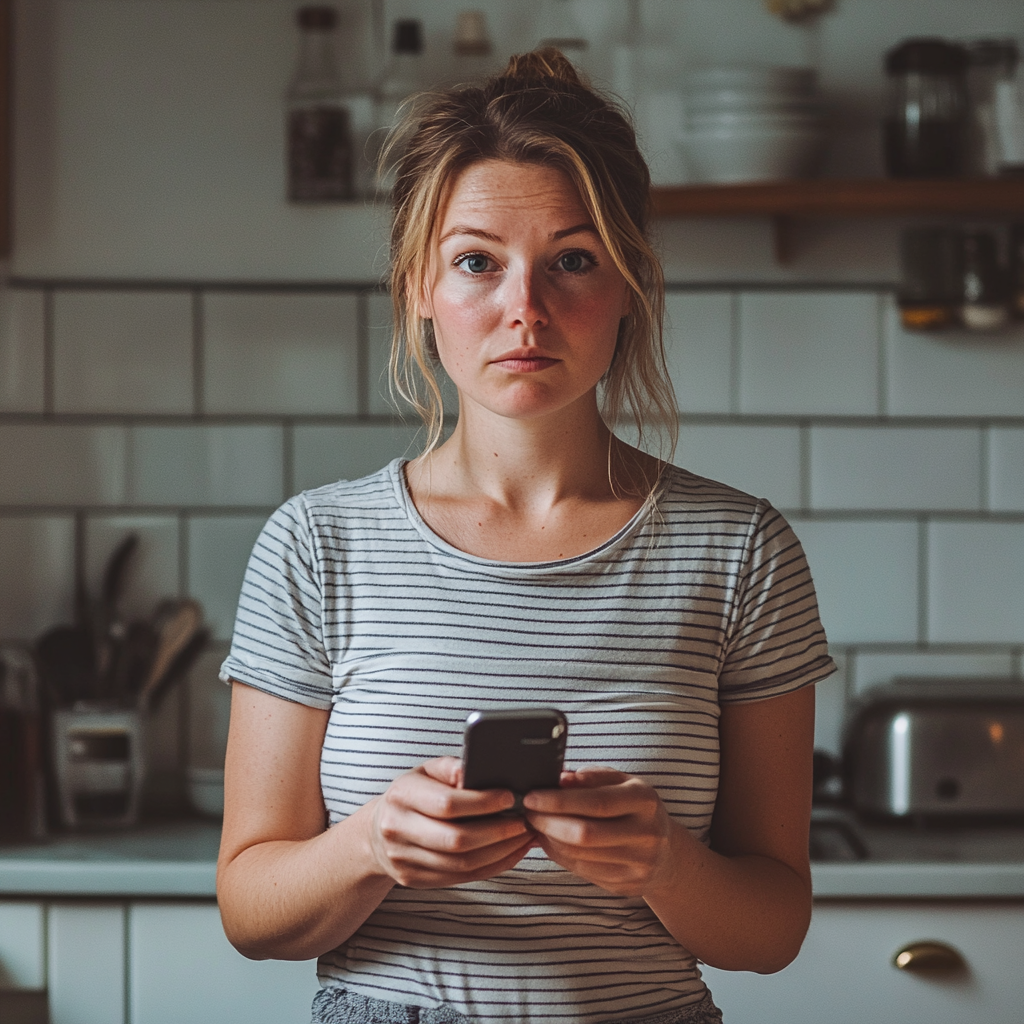 A puzzled woman holding her phone | Source: Midjourney