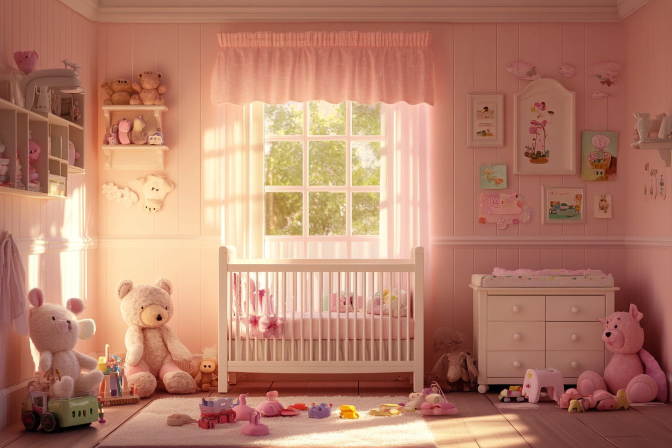 A breathtaking pink nursery with toys and crib | Source: Midjourney