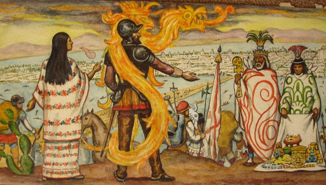 Representación de La Malinche junto a conquistadores. | Imagen: Wikimedia Commons