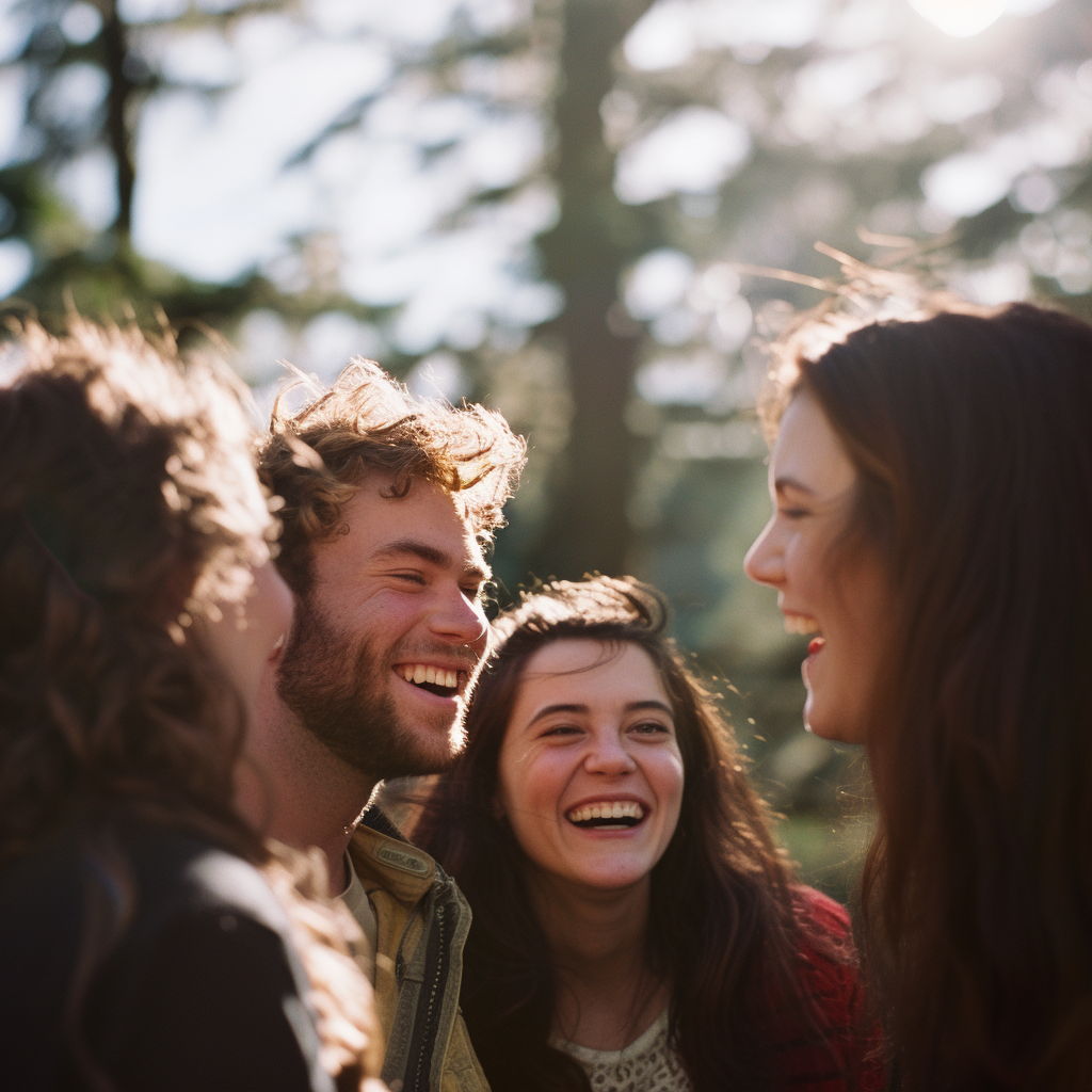 A man laughing with his female friends | Source: Midjourney