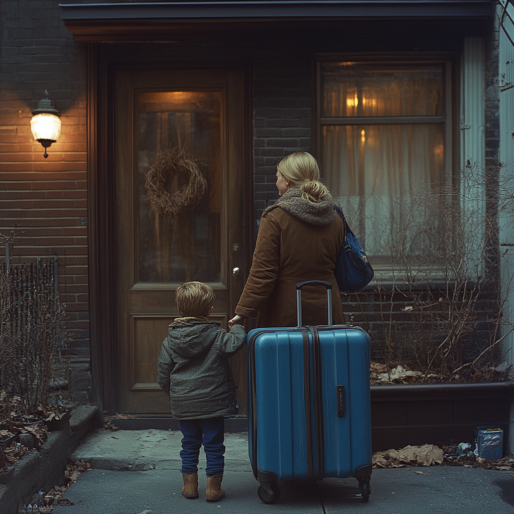 A woman holds her childs hand with his bag behind them | Source: Midjourney