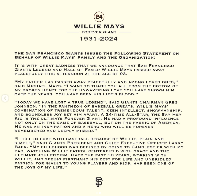 Willie Mays' family statement shared by the San Francisco Giants in June 2024. | Source: Instagram/sfgiants