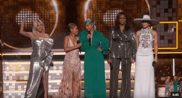 Lady Gaga, Jada Pinkett Smith, Alicia Keys, Michelle Obama and Jennifer Lopez on stage at the 61st Annual Grammy Awards on February 10, 2019, in Los Angeles, Source: YouTube/  Recording Academy / GRAMMYs