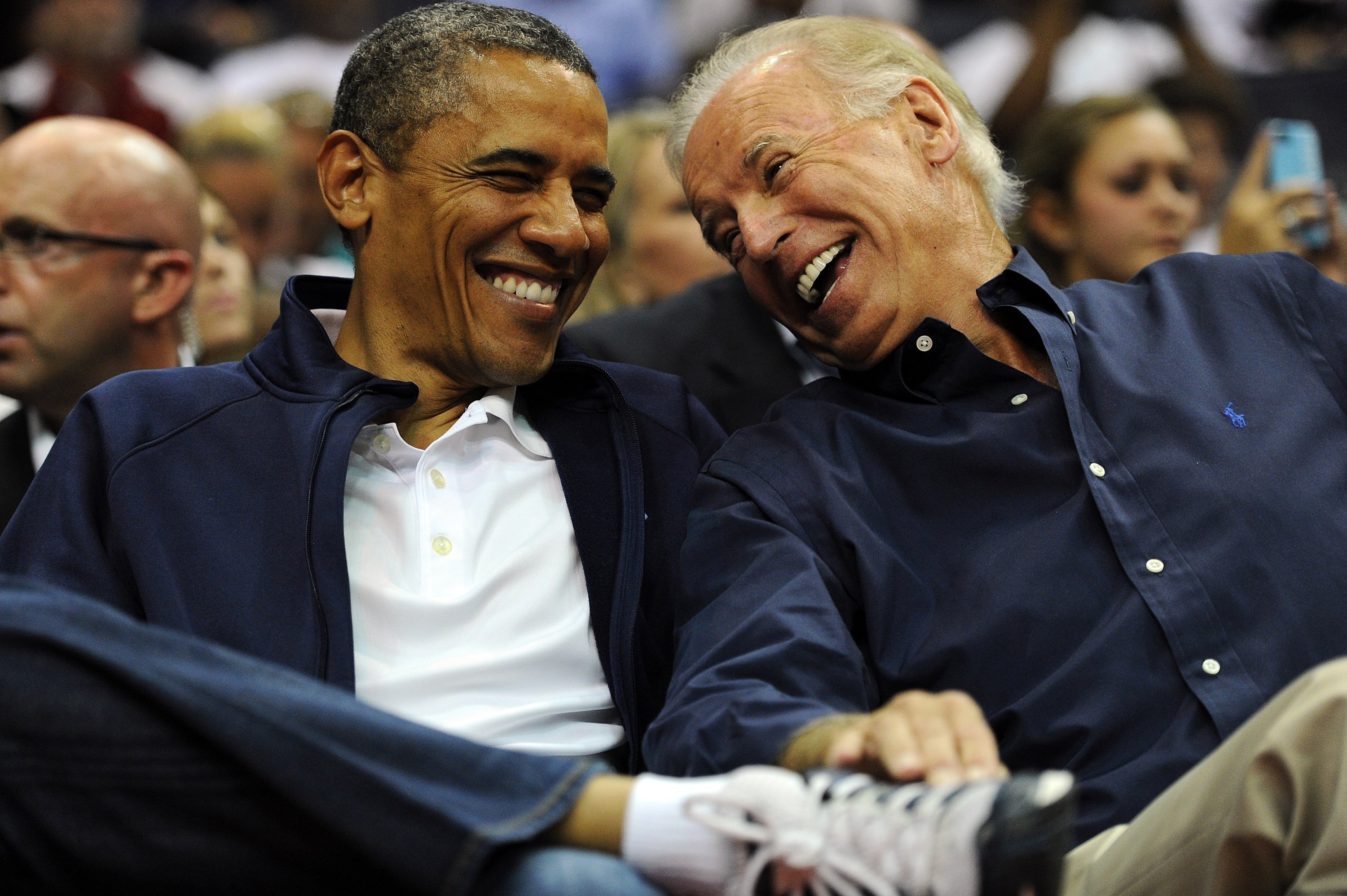 U.S. President Barack Obama and Vice President Joe Biden at the US Senior Men's National Team and Brazil play during a pre-Olympic exhibition basketball game on July 16, 2012 l Source: Getty Images