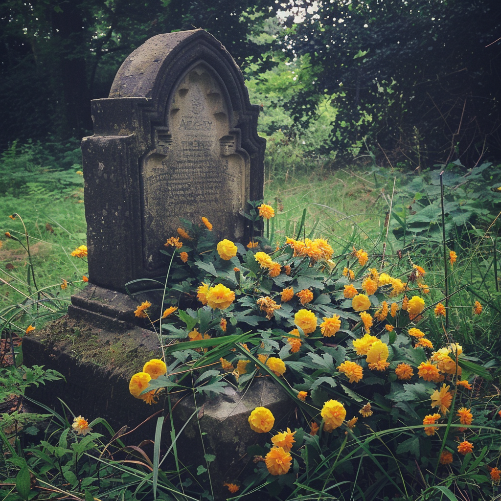 A tombstone with yellow flowers | Source: Midjourney