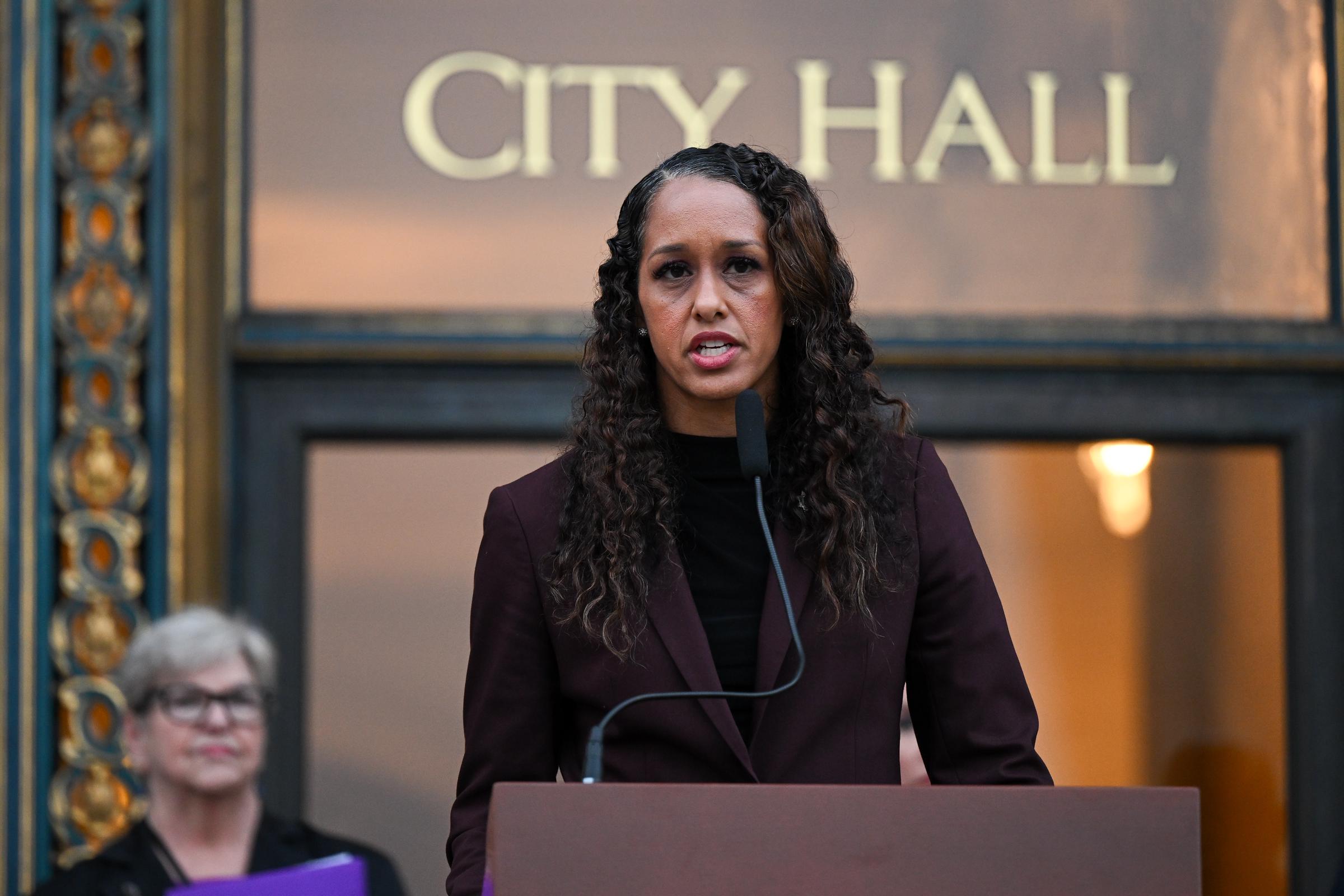 District Attorney Brooke Jenkins speaking during the launch of Domestic Violence Awareness Month in San Francisco, California on October 24, 2023 | Source: Getty Images