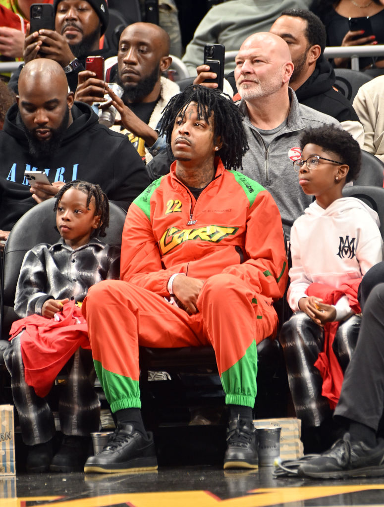 21 Savage during the Chicago Bulls vs the Atlanta Hawks game at State Farm Arena on December 21, 2022 in Atlanta, Georgia. | Source: Getty Images