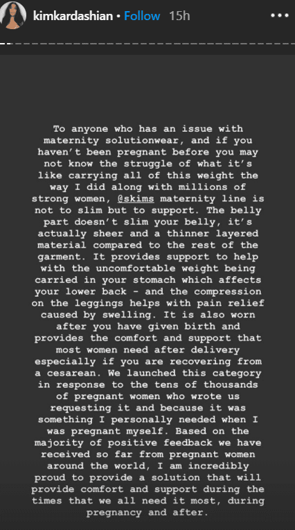 Kim Kardashian releasing a statement to address the criticism aimed at her SKIMS maternity shapewear collection on her Instagram Story | Photo: Instagram/kimkardashian