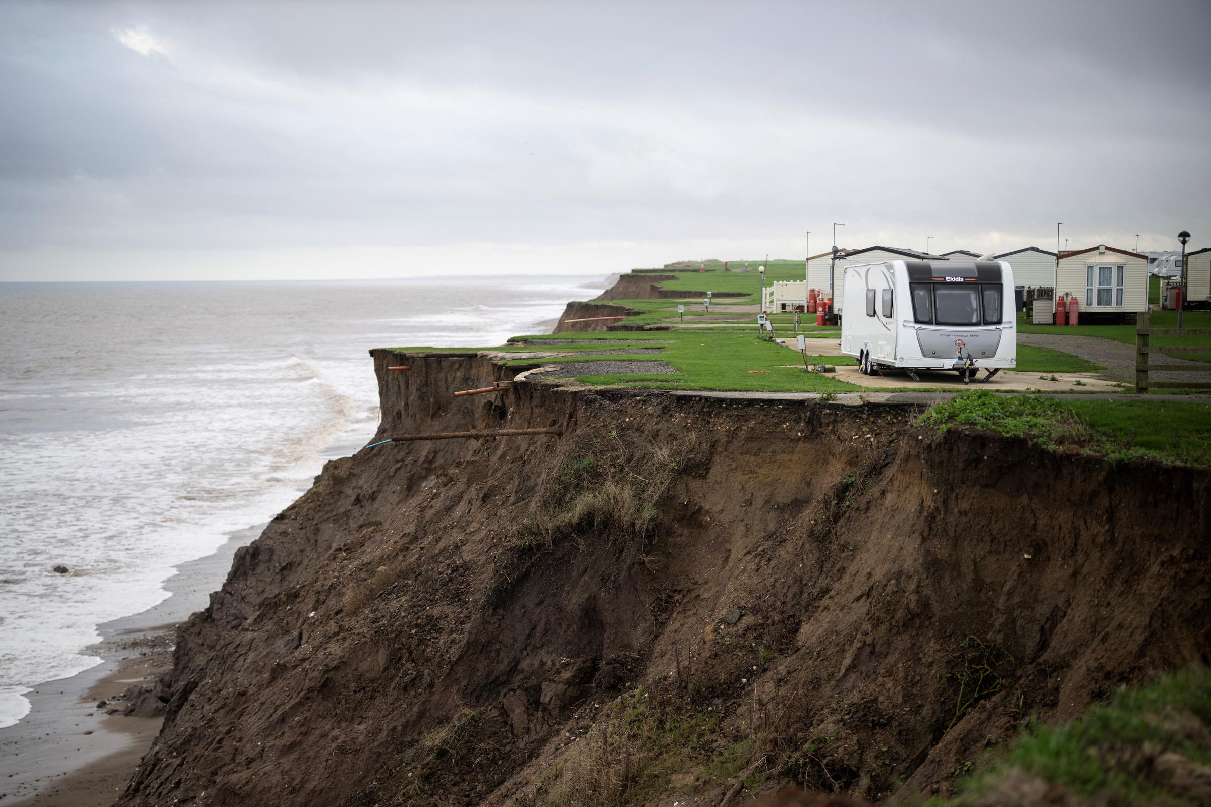 Cliff Top Caravan Park on the North Sea coast in an area which is experiencing intense coastal erosion in the East Riding of Yorkshire, England, photographed on November 13, 2025. | Source: Getty Images